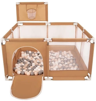 Selonis Laufstall mit Korb und 100 Bälle beige/pastellbeige/grau/weiß