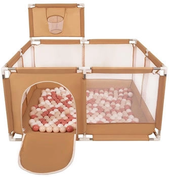 Selonis Laufstall mit Korb und 100 Bälle beige/pastellbeige/lachsfarben/weiß