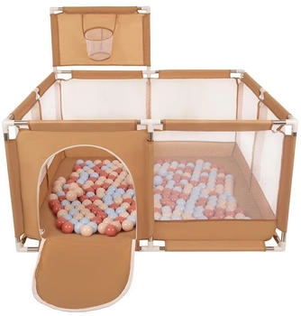 Selonis Laufstall mit Korb und 100 Bälle beige/pastellbeige/pastellblau/lachsfarben