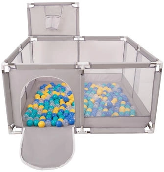 Selonis Laufstall mit Korb und 100 Bälle grau/blau/türkis/gelb/transparent