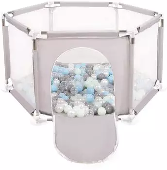 Selonis Sechseckiger Laufstall mit 100 B&auml;lle grau/perle/grau/transparent/babyblau/minze
