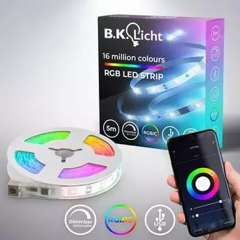 B.K.Licht RGBIC LED-Streifen WiFi 5m USB, App-Steuerung, Musiksensor, selbstklebend (BKL1564)