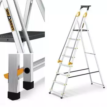 Drabest PRO SERIES Klappleiter 8 Stufen, Aluminium, 150kg, mit Handläufen (ALD8 150 KG Z POR)