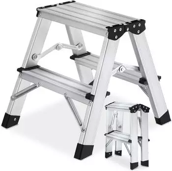 TecTake Doppelseitige Trittleiter Aluminium, 2 Stufen, klappbar, 150kg