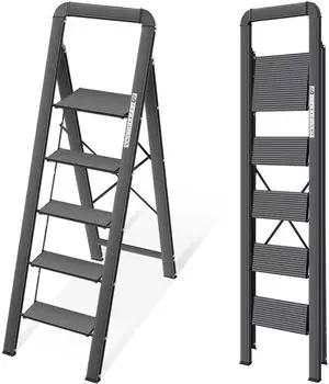 LuxusKollektion Stufenleiter klappbar 5 Stufen mit Handlauf, Aluminium, schwarz