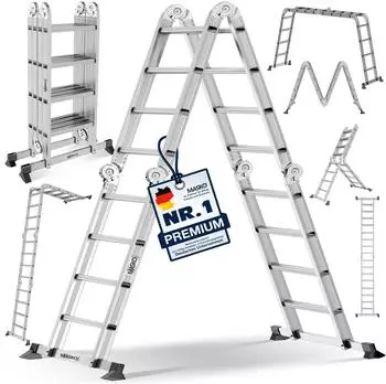 Masko Mehrzweckleiter 6in1 Aluminium 4x4 Sprossen, 470cm, 150kg (6in1)