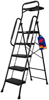 Proregal Profi-Trittleiter klappbar, 5 Stufen, Handlauf, Werkzeugablage, 150kg, schwarz (PR_RSM2-03)
