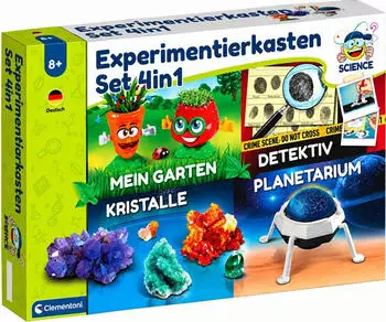 Clementoni Experimentierkasten Set 4in1 Kristallzucht, Botanik, Detektiv & Astronomie