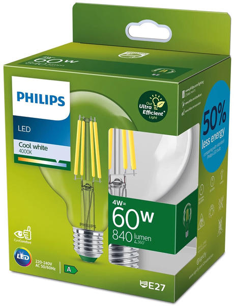 Philips LED Lampe E27 - Globe G95 4W 840lm 2700K ersetzt 60W Einerpack transparent