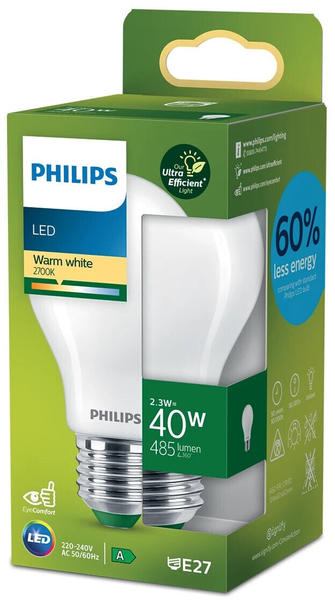 Philips LED Lampe E27 - Birne A60 2,3W 485lm 4000K ersetzt 40W standard Einerpack weiß
