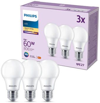 Philips LED-Lampe E27 8W 806lm 2.700K matt 3er F