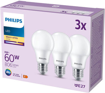 Philips LED-Lampe E27 8W 806lm 2.700K matt 3er F – Philips LED-Lampe E27 – sparsame Helligkeit für Wohnräume