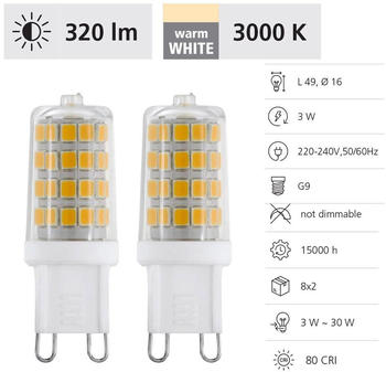 Eglo G9 LED Leuchtmittel 320lm 2er VE 3W 360° 3000K warmweiss transparent 16x49mm