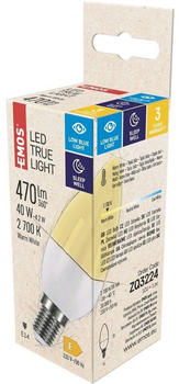 EMOS LED Lampe TRUE LIGHT Candle 4,2W, Ersatz für 40W Glühbirne, E14 Sockel, Helligkeit 470 lm, Warmweiß 2700 K, ZQ3224