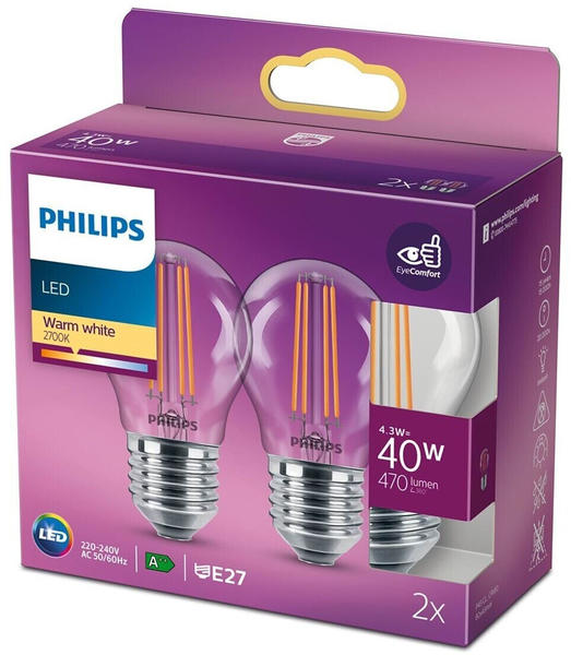 Philips LED-Lampe E27 P45 4,3W Filament 2700K 2er E