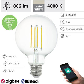 Eglo Connect E27 G95 LED Leuchtmittel 806lm 6W 360° 4000K neutralweiss klar 95x140mm App Steuerbar
