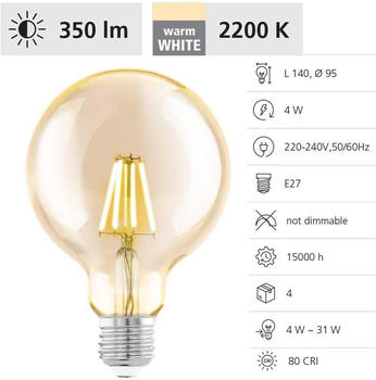 Eglo LED Leuchtmittel G95 E27 Globeform 4 W warmweiß amber – Beleuchten Sie Ihr Zuhause mit Stil: Eglo LED Leuchtmittel G95 E27 Globeform 4 W warmweiß amber
