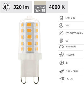 Eglo G9 LED Leuchtmittel 320lm 3W 4000K neutralweiss klar 16x49mm dimmbar