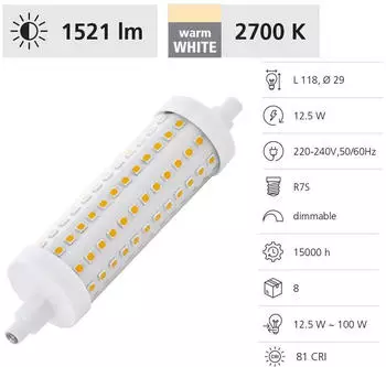 Eglo R7s LED Leuchtmittel 1521lm 12,5W 2700K warmweiss transparent 29x118mm dimmbar