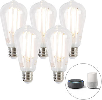 CalEx Set mit 5 intelligenten E27-LED-Lampen, dimmbar bis warm, ST64, 7 W, 806 lm, 1800-3000 K Transparent