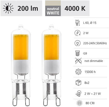 Eglo G9 LED Leuchtmittel 200lm 2er VE 2W 360&deg; 4000K neutralweiss klar 15x60mm