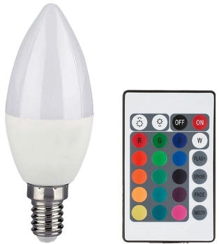V-TAC RGB LED E14 Leuchtmittel dimmbar mit Fernbedienung Kerze mit Farbwechsel, 4,8 Watt 470 Lumen warmwei&szlig;, DxH 3,6x11 cm