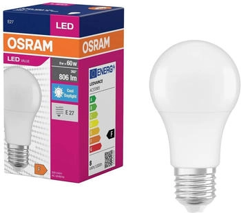 Osram E27 LED Lampe VALUE 8,5W wie 60W 6500K kaltwei&szlig;es Licht blendfreie wei&szlig; mattierte Gl&uuml;hbirne