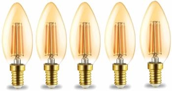 Aigostar 5x LED Leuchtmittel E14 Filament Kerze bernstein C35 4W dimmbar 400 Lumen Warmweiß (2200 K)