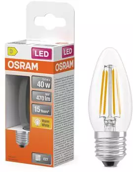 Osram LED-Lampe Star Kerzenform B40 Filament 2700 K warmweiß 3,4 W E27 klar 470 lm 15.000h für Kronleuchter dekorative Einbauten