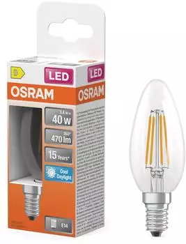 Osram LED-Glühbirne B35 E14 Kerze 3.4W = 40W 470lm 6500K Kalt 300° Glühfaden STAR CLASSIC