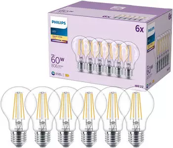 Philips LED Classic Lampe A60 E27 7W 806lm 2700K Filament, 6er-Pack (929001387398)