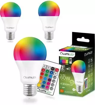 LUMILED A60 E27 LED Lampe 9W 806lm RGB+3000K dimmbar 260&deg;, 3er-Pack (A60-E27-RGB)