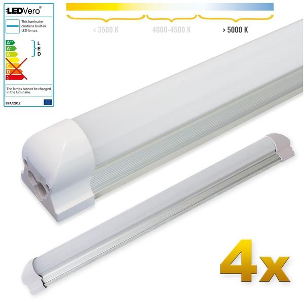 LEDVero 4x SMD LED Röhre 60 cm inklusive Fassung in kaltweiss - Leuchtstoffröhre T8 G13 Tube milchige Abdeckung - Lichtleiste mit 8 W, 800lm- montagefertig