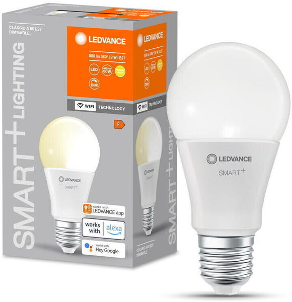 LEDVANCE Smart+ WLAN LED E27 Birne A60 Weiß 9W/806lm 2700K 1er Pack