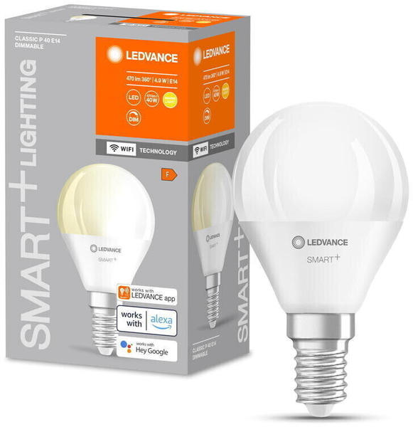 LEDVANCE Smart+ WLAN LED E14 Tropfen P45 Weiß 4,9W/470lm 2700K 1er Pack