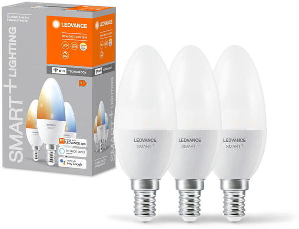 LEDVANCE Smart+ WLAN LED E14 Kerze B40 Weiß 4,9W/470lm tunable White 3er Pack