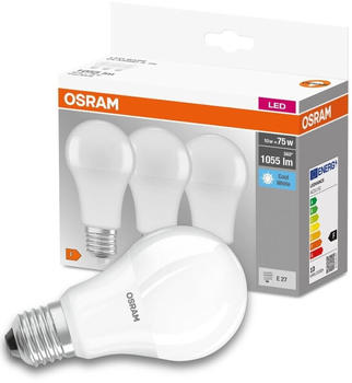 Osram LED Lampe ersetzt 75W E27 Birne - A60 in Weiß 10W 1055lm 4000K 3er Pack weiß