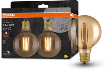 Osram LED Lampe ersetzt 55W E27 Globe - G95 in Gold 6,5W 725lm 2400K 2er Pack gold / messing