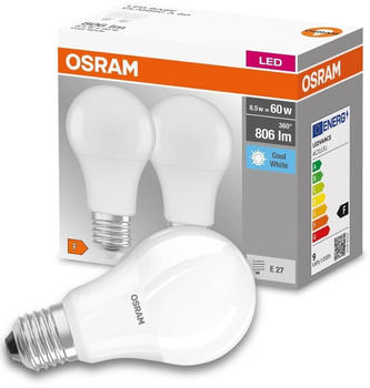 Osram LED Lampe ersetzt 60W E27 Birne - A60 in Wei&szlig; 8,5W 806lm 4000K 2er Pack wei&szlig;