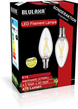 Blulaxa 2x LED Filament Kerzenform 4,5W (40W) E14 470lm 2700K Glas (klar), DO...