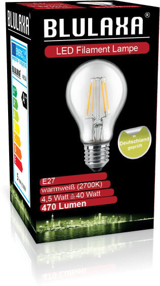 Blulaxa LED Birnenform 4,5W (40W) E27 470lm 2700K, Glas (klar)