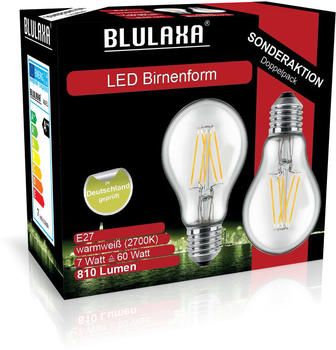 Blulaxa 2x LED Filament Birnenform 7W (60W) E27 810lm 2700K Glas (klar)