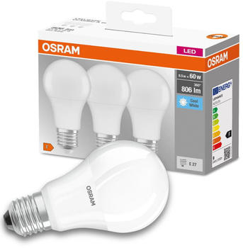Osram LED Lampe ersetzt 60W E27 Birne - A60 in Wei&szlig; 8,5W 806lm 4000K 3er Pack wei&szlig;