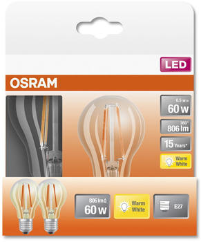Osram LED Lampe ersetzt 60W E27 Birne - A60 in Transparent 6,5W 806lm 2700K 2er Pack transparent