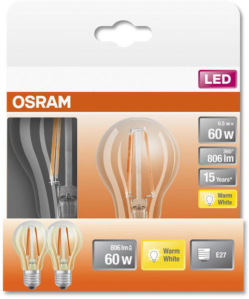 Osram LED Lampe ersetzt 60W E27 Birne - A60 in Transparent 6,5W 806lm 2700K 2er Pack transparent