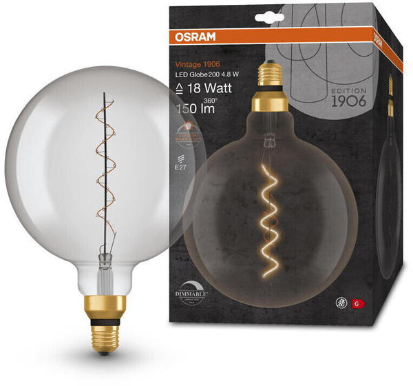 Osram LED Lampe ersetzt 18W E27 Globe - G200 in Grau 4,8W 150lm 1800K dimmbar 1er Pack grau