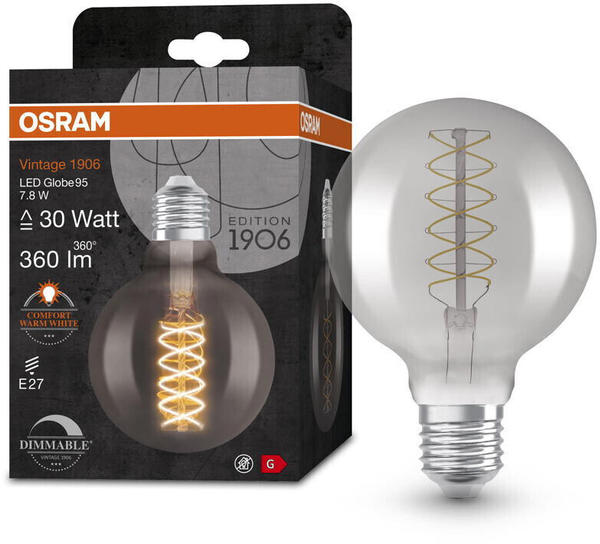 Osram LED Lampe ersetzt 30W E27 Globe - G95 in Grau 7,8W 360lm 1800K dimmbar 1er Pack grau