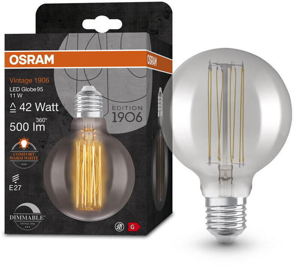 Osram LED Lampe ersetzt 42W E27 Globe - G95 in Grau 11W 500lm 1800K dimmbar 1er Pack grau