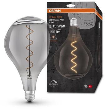 Osram LED Lampe ersetzt 15W E27 Spezialform in Schwarz-transparent 4,5W 150lm 1700K dimmbar 1er Pack grau