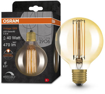 Osram LED Lampe ersetzt 40W E27 Globe - G80 in Gold 5,8W 470lm 2200K dimmbar 1er Pack gold / messing
